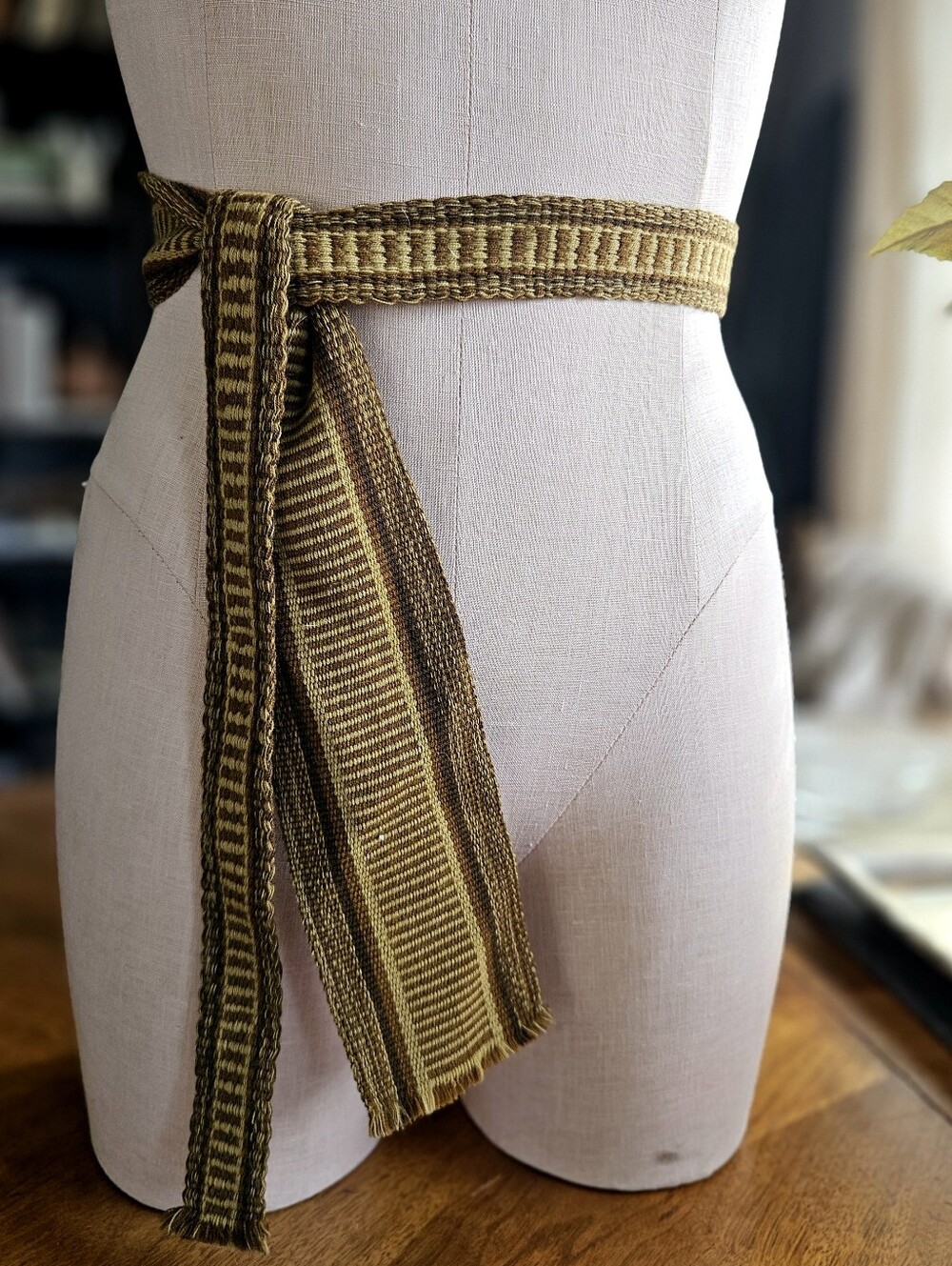 Handwoven Vintage Wool Fabric Wrap Belt Olive Green And Browns